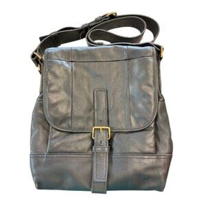 Prada Black Leather Gold Buckle Flap Messenger Bag